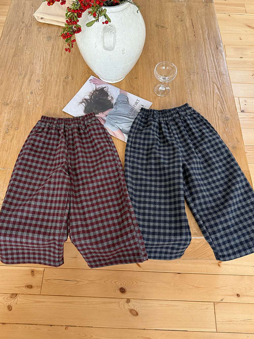 赤とネイビーのチェック柄ストレートロングパンツ(裏起毛)2本セット