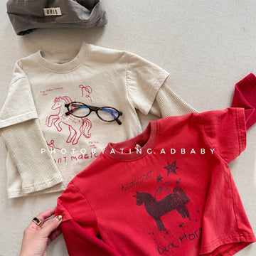 Horse Print Layered Long Sleeve Top ホースプリント レイヤード 長袖 Tシャツ【mh0012471】 ADbaby 長袖Tシャツ