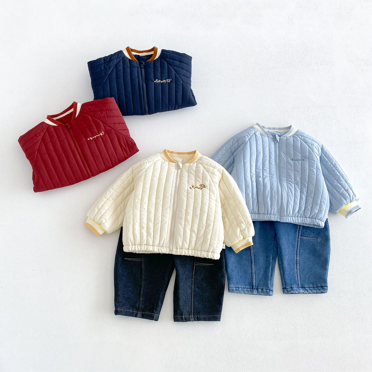 キッズ アップリケ 刺繍 キルティング 中綿ジャケット / デニムパンツ【mh0014763】