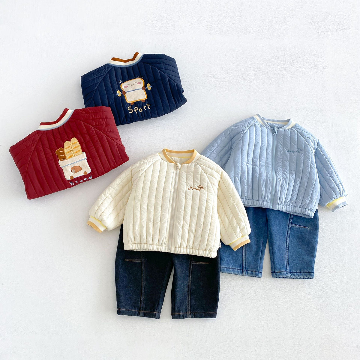 キッズ アップリケ 刺繍 キルティング 中綿ジャケット / デニムパンツ【mh0014763】