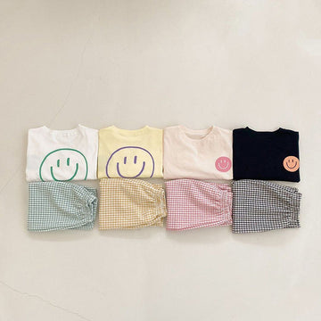 Smiley Long Sleeve Tee & Plaid Pants Set スマイル プリント チェック柄 セットアップ【mh0012672】