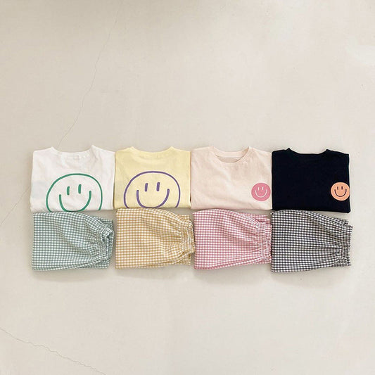 Smiley Long Sleeve Tee & Plaid Pants Set スマイル プリント チェック柄 セットアップ【mh0012672】