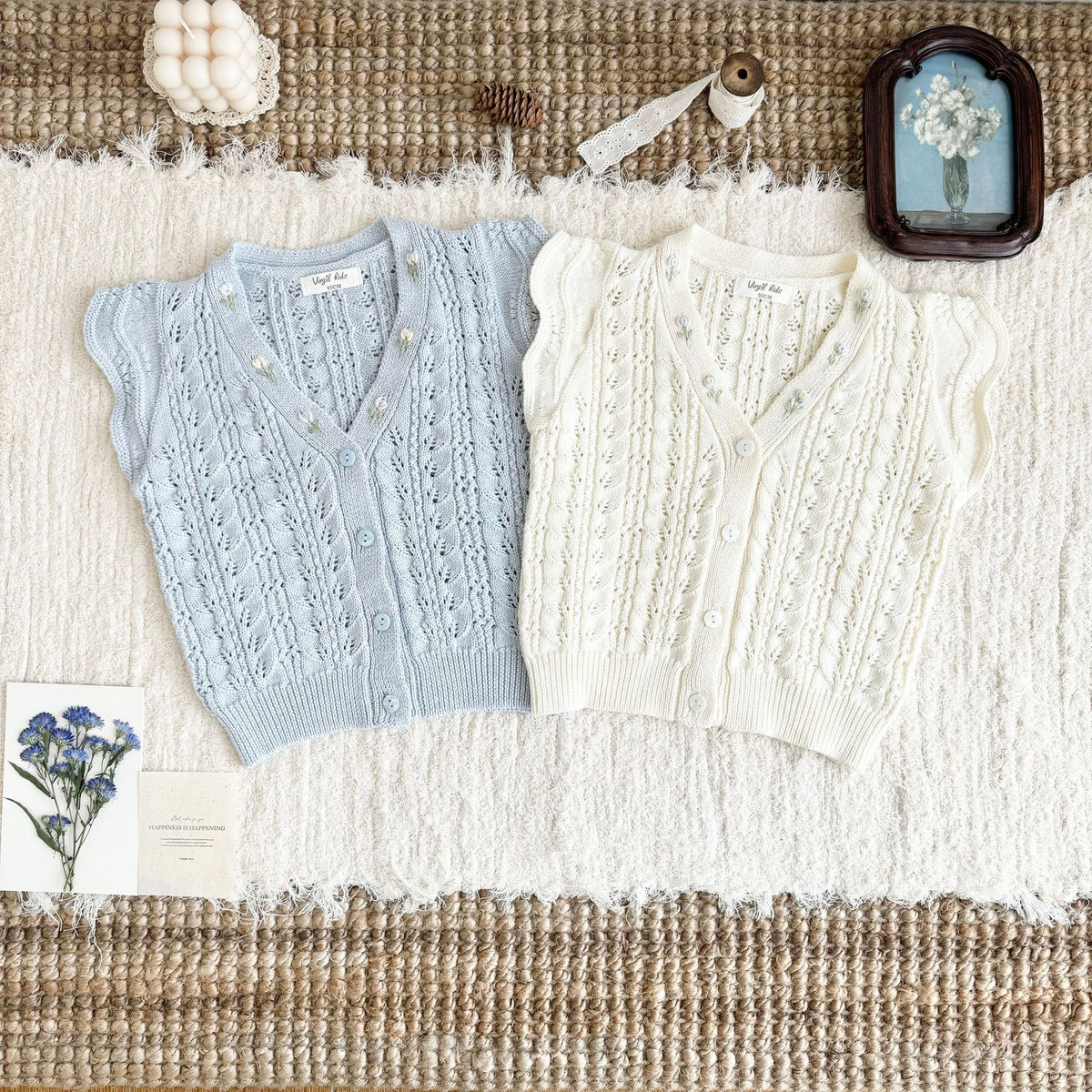 キッズ フラワー 透かし編み フリル 刺繍 ニット ベスト 長袖 ブラウス【mh0014609】