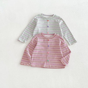 Camiseta de manga larga a rayas con botones de colores para niños【mh0014044】