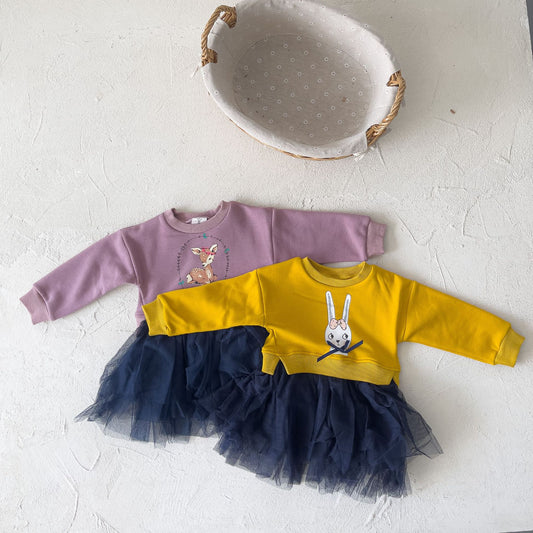 Animal Graphic Tulle Layered Dress チュール 長袖ワンピース【mh0012633】