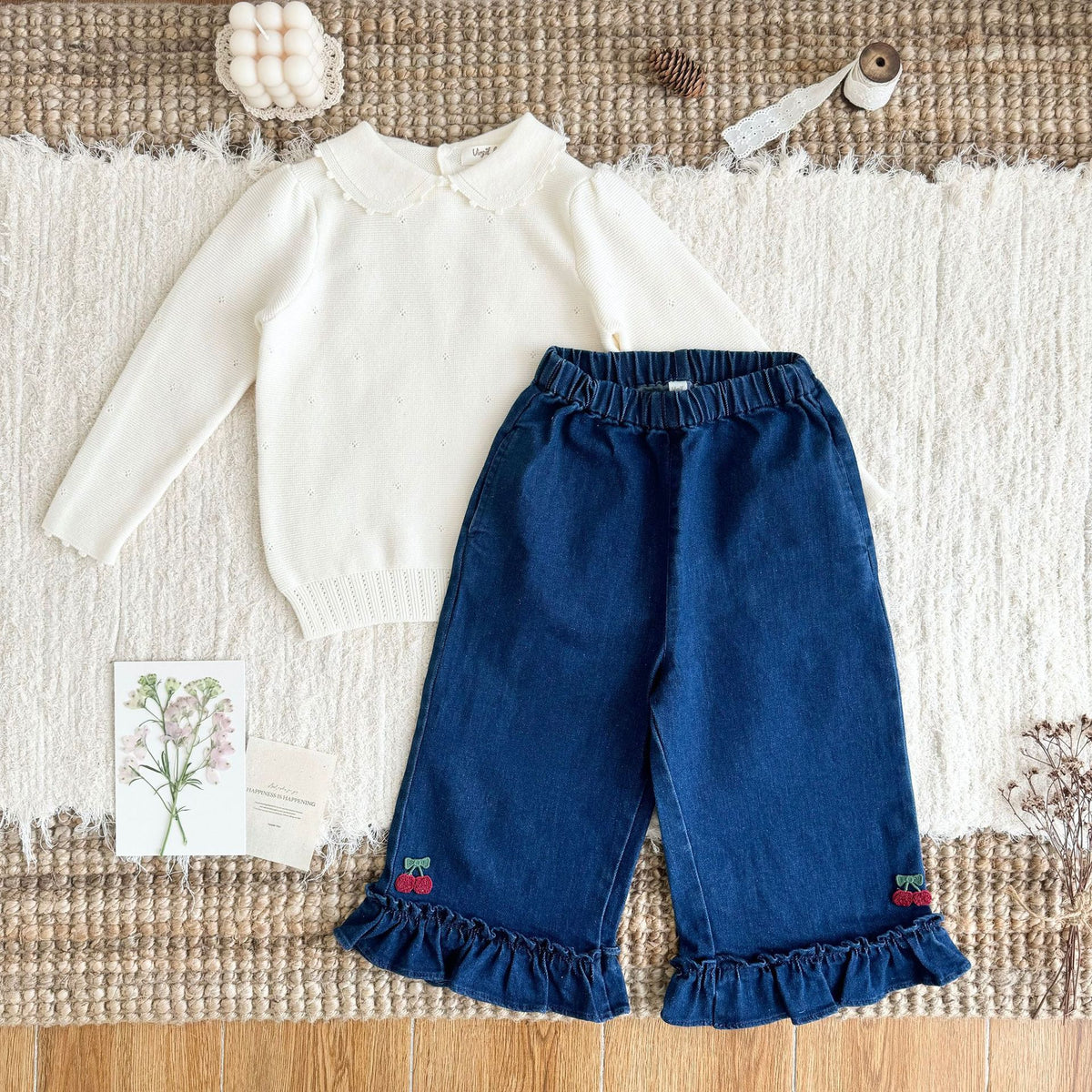 キッズ フラワー チェリー 刺繍 フリル ニット ベスト 長袖 ブラウス ワイド デニムパンツ【mh0014607】