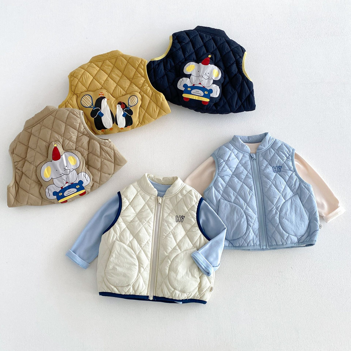 ベビー キッズ アニマル アップリケ キルティング 中綿ベスト / 長袖Tシャツ / デニムパンツ【mh0014766】