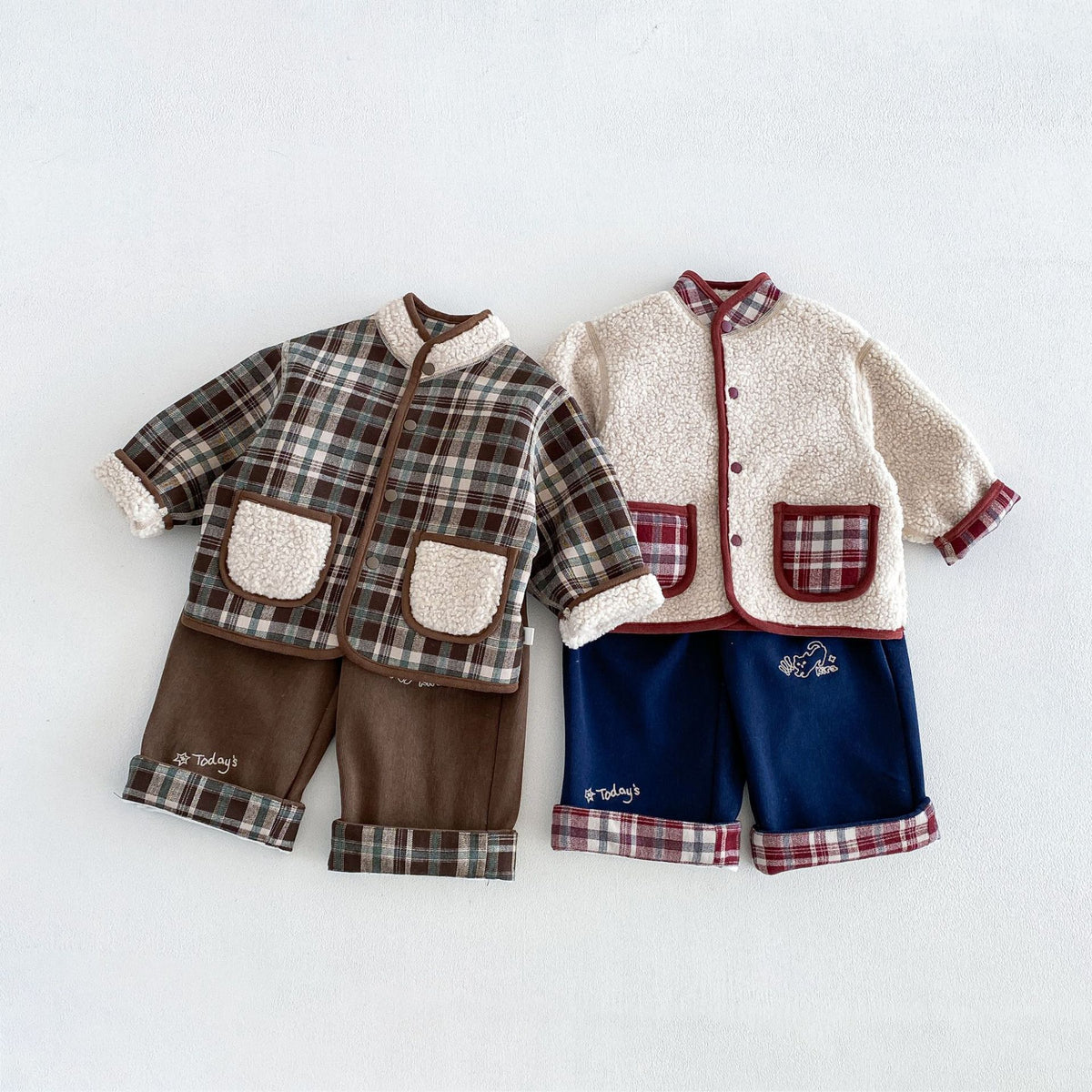 キッズ チェック リバーシブル ボアジャケット / ロールアップ 刺繍 ストレート ロングパンツ【mh0014765】