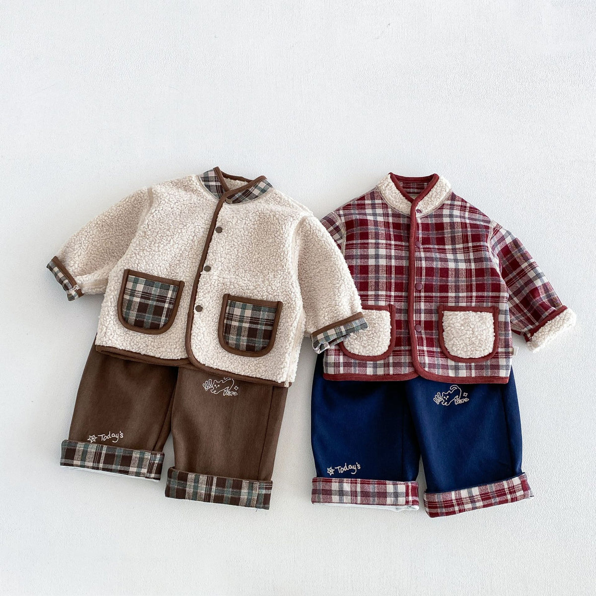 キッズ チェック リバーシブル ボアジャケット / ロールアップ 刺繍 ストレート ロングパンツ【mh0014765】