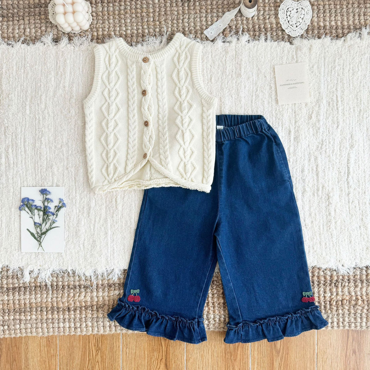 キッズ フラワー チェリー 刺繍 フリル ニット ベスト 長袖 ブラウス ワイド デニムパンツ【mh0014607】
