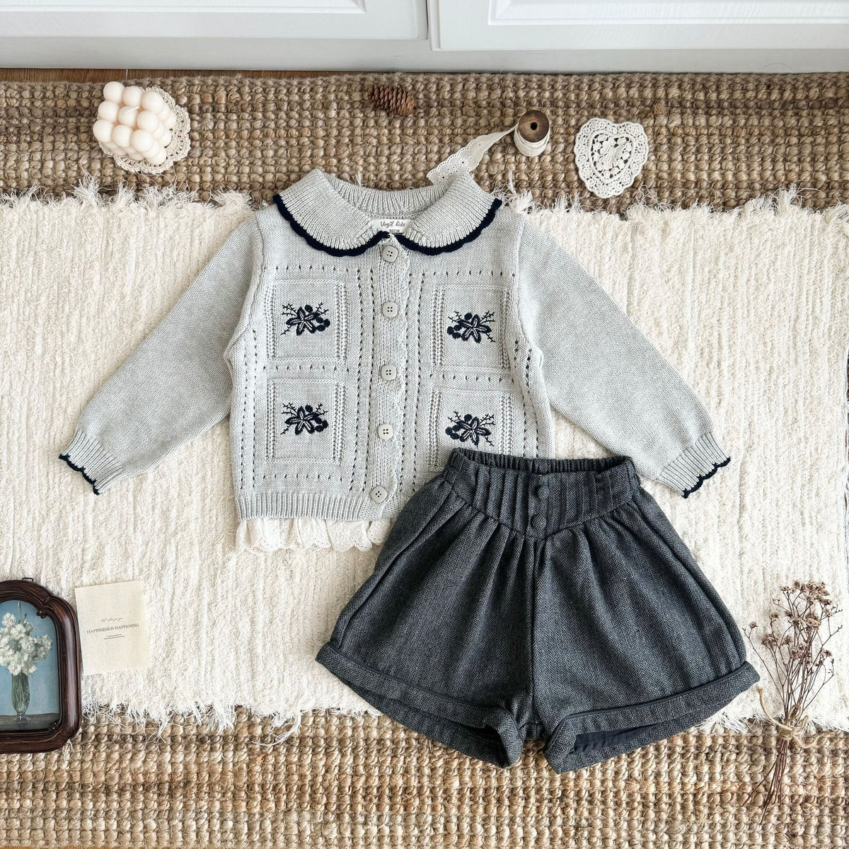キッズ 花柄刺繍 ニット カーディガン ショートパンツ ロングパンツ【mh0014619】