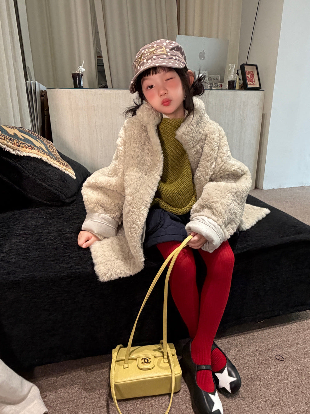 キッズ ジュニア 裏ボア フェイクムートンコート ロング丈 厚手 防寒アウター【mh0014684】