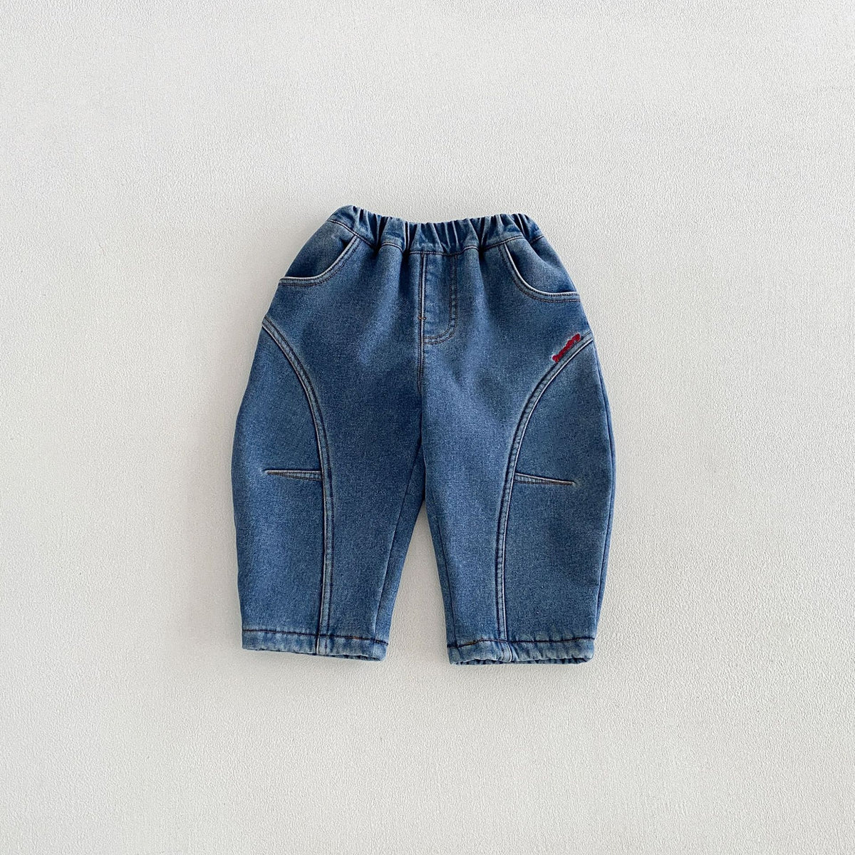 キッズ ステッチ切替 刺繍 デニム 裏起毛 カーブ ロングパンツ【mh0014764】