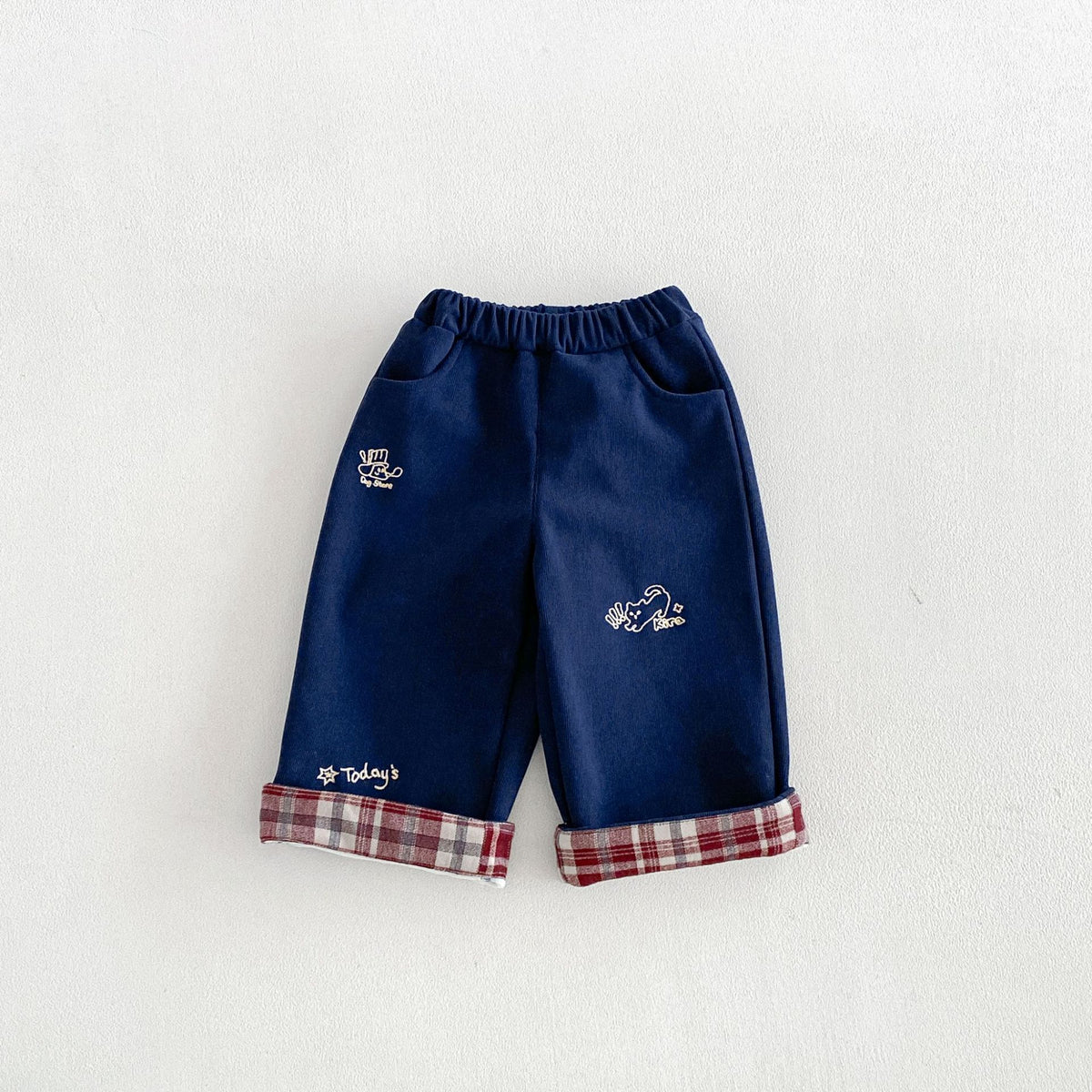 キッズ ロールアップ チェック 刺繍 裏起毛 ストレート ロングパンツ【mh0014767】