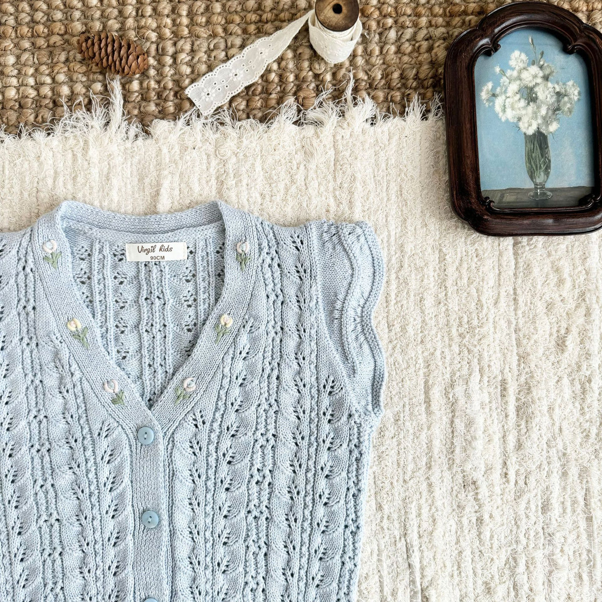 キッズ フラワー 透かし編み フリル 刺繍 ニット ベスト 長袖 ブラウス【mh0014609】