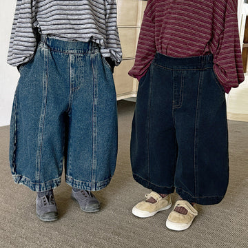 キッズ パッチワーク ウォッシュ ワイド ルーズ クロップド デニムパンツ【mh0014299】