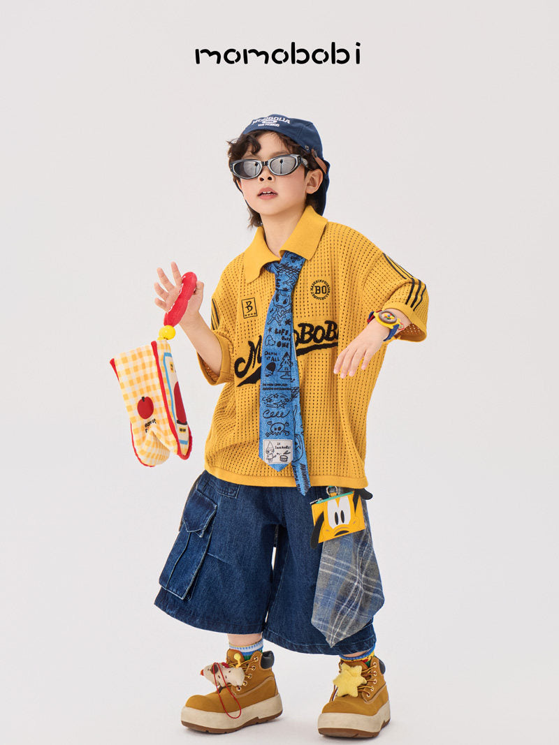 Knitted Letter Polo & Denim Shorts ニットポロシャツ デニムハーフパンツ【mh0013000】