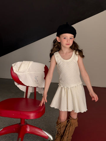 Conjunto de cárdigan de punto gofrado de manga larga con volantes melocotón para niños, camisola y falda acampanada 【mh0014077】