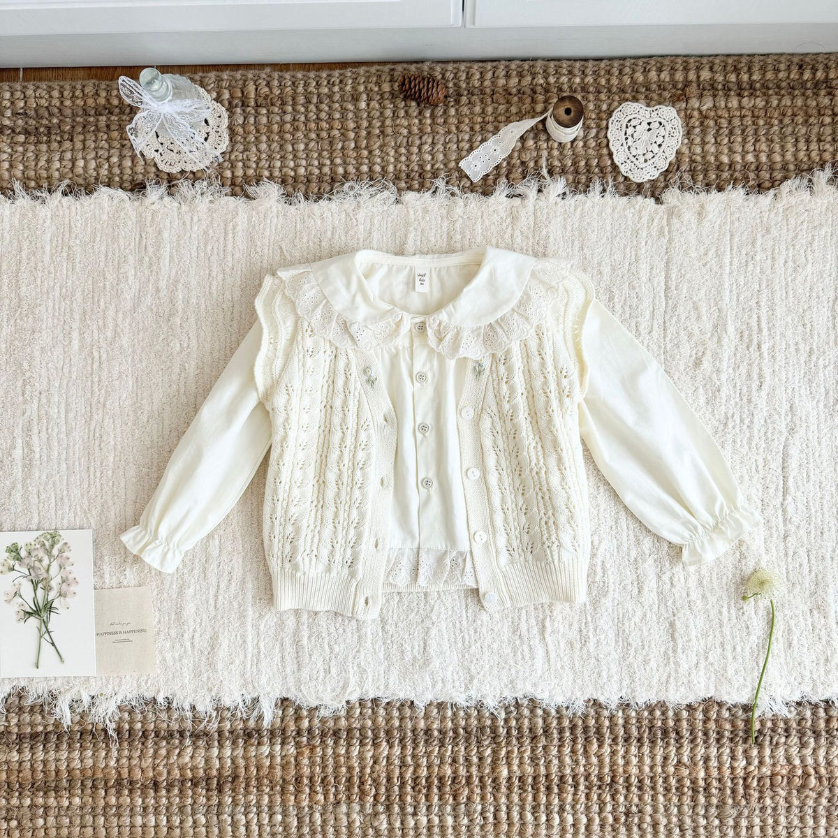 キッズ 刺繍 レース フリル 丸襟 長袖ブラウス【mh0014611】