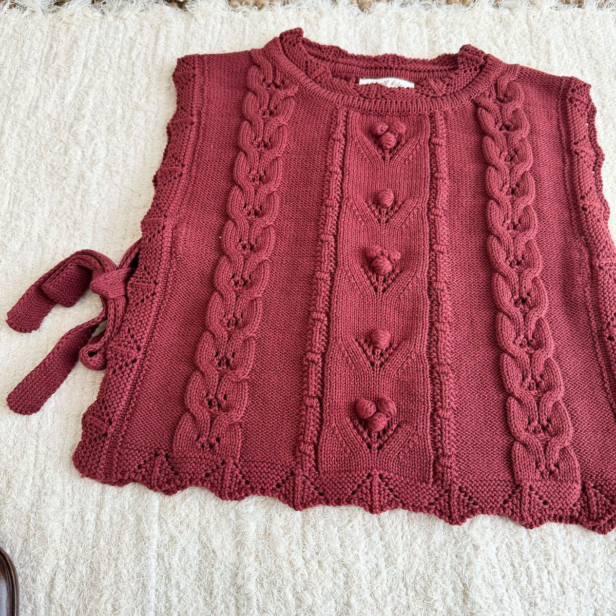キッズ フラワー チェリー 刺繍 フリル ニット ベスト 長袖 ブラウス ワイド デニムパンツ【mh0014607】