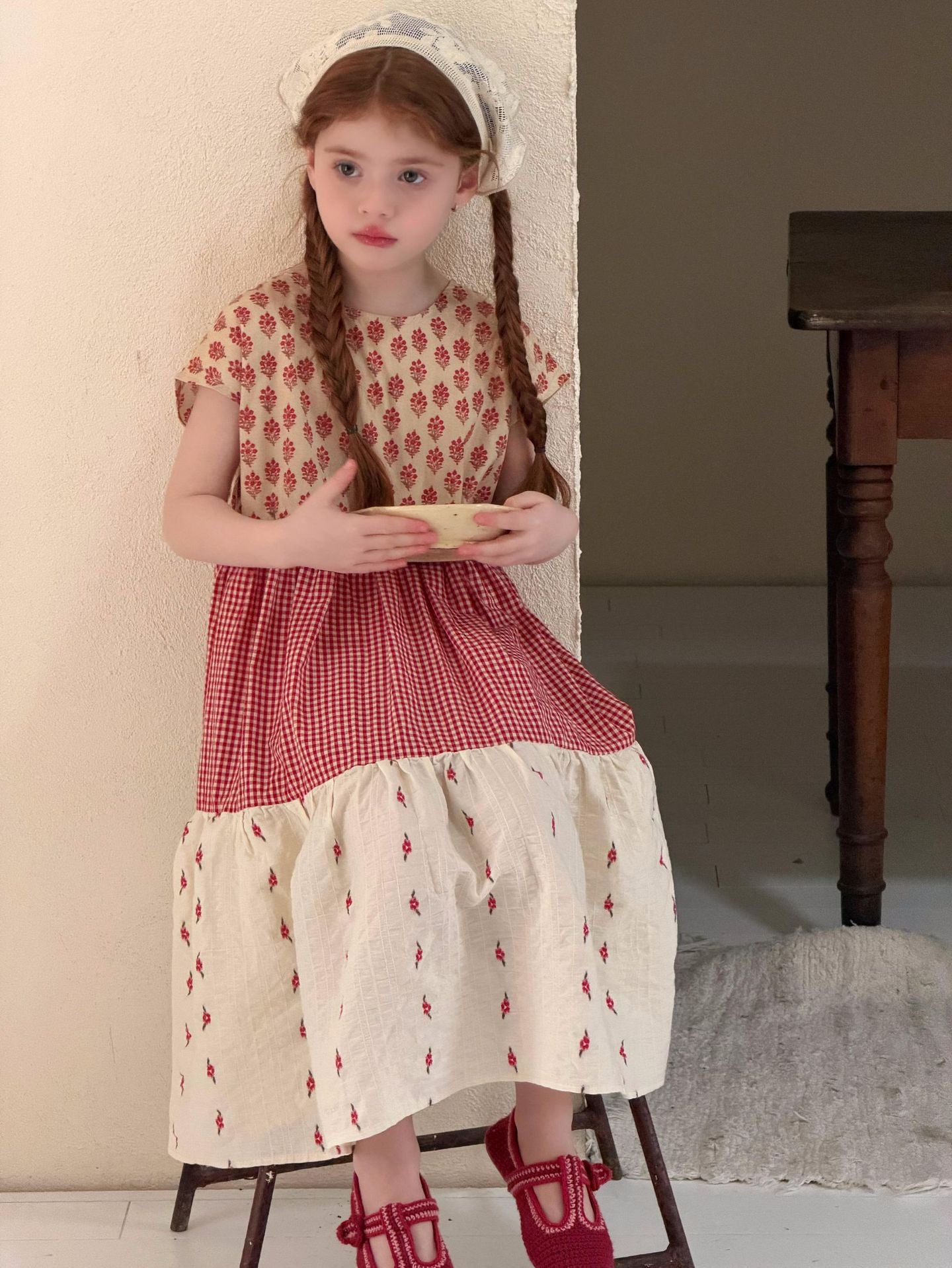 Gingham Floral Tiered Dress 花柄 ギンガム 半袖ワンピース【mh0012873】