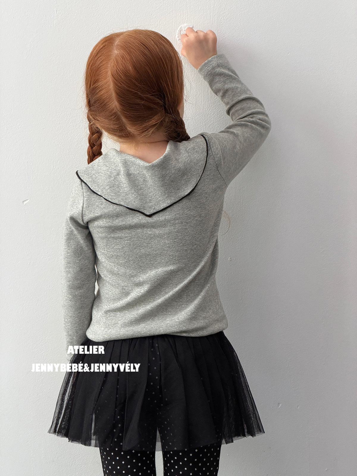ベビー キッズ ドット チュール 襟リボン 長袖Tシャツ スカート付きフレアパンツ【mh0014662】