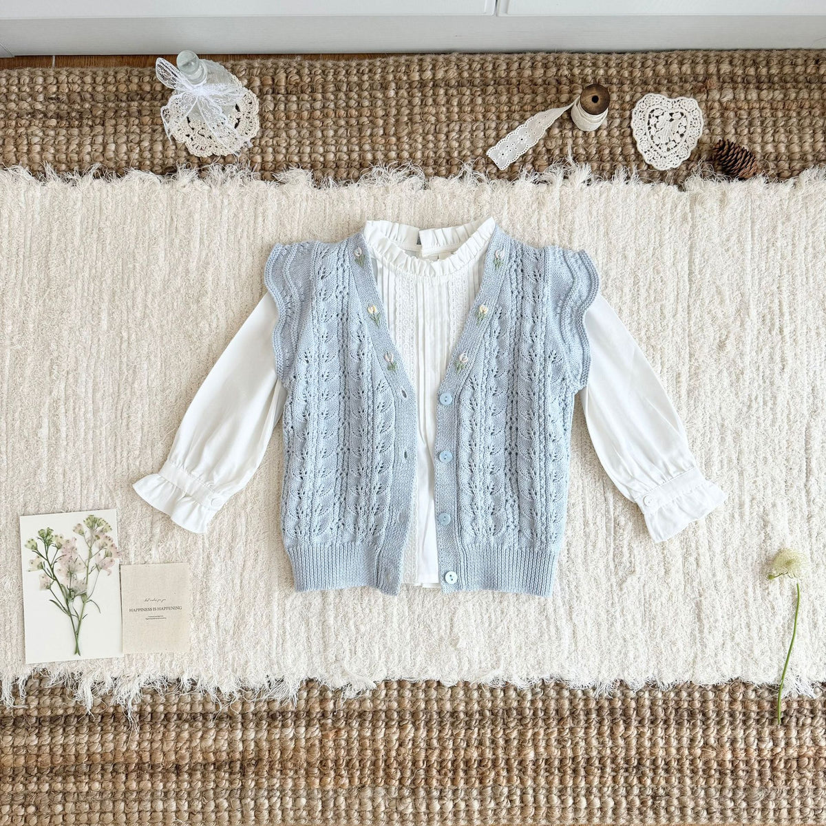 キッズ フラワー 透かし編み フリル 刺繍 ニット ベスト 長袖 ブラウス【mh0014609】