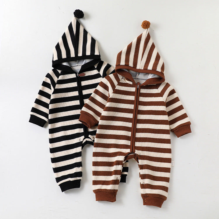 ベビー ボーダー柄 ポンポン フード付き 長袖ロンパース【mh0014713】