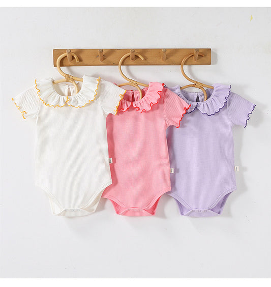 Contrast Mellow Stitch Frill Ribbed メロウ フリルカラー 半袖ロンパース【mh0012777】