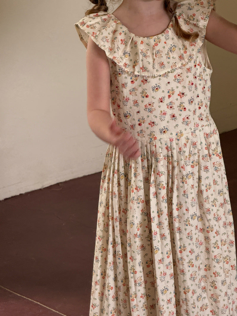 Ruffle Collar Sleeveless Long Dress 小花柄 プリーツ ノースリーブワンピース【mh0012811】