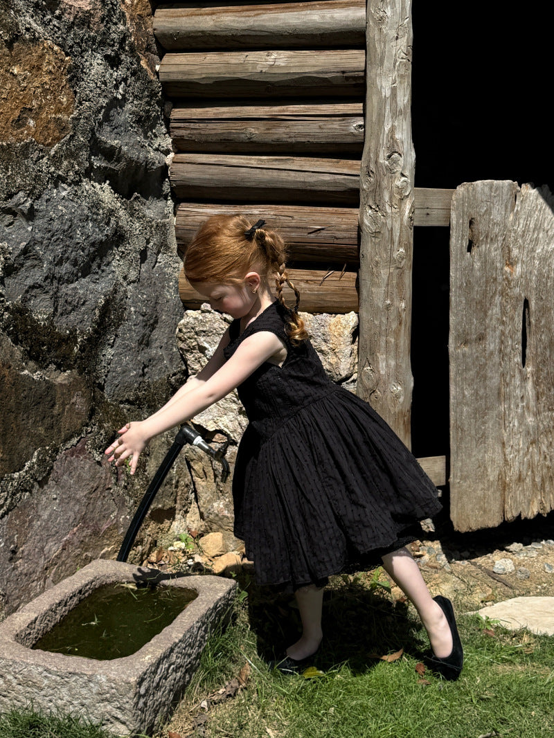 Textured Mesh Puffy Skirt ブラック ノースリーブワンピース【mh0012796】