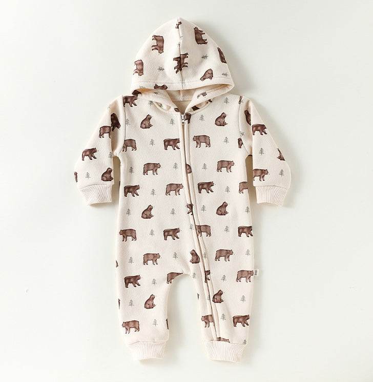 長袖ジャンプスーツ フーディジップアップ クマ柄 裏起毛【mh0011714】