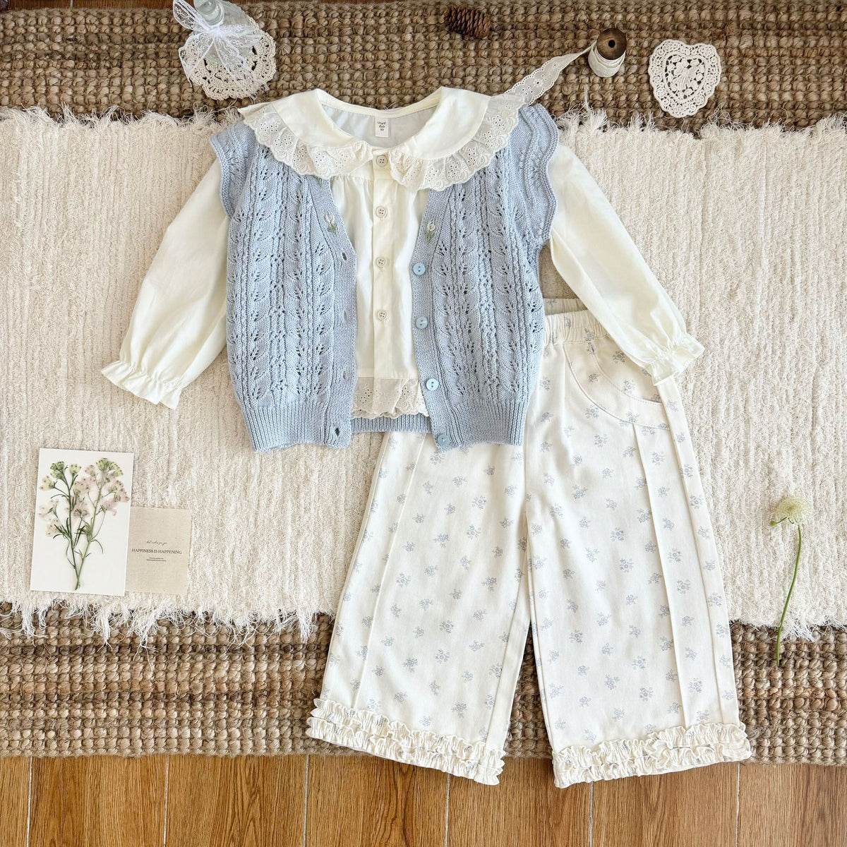 キッズ フラワー 透かし編み フリル 刺繍 ニット ベスト 長袖 ブラウス【mh0014609】