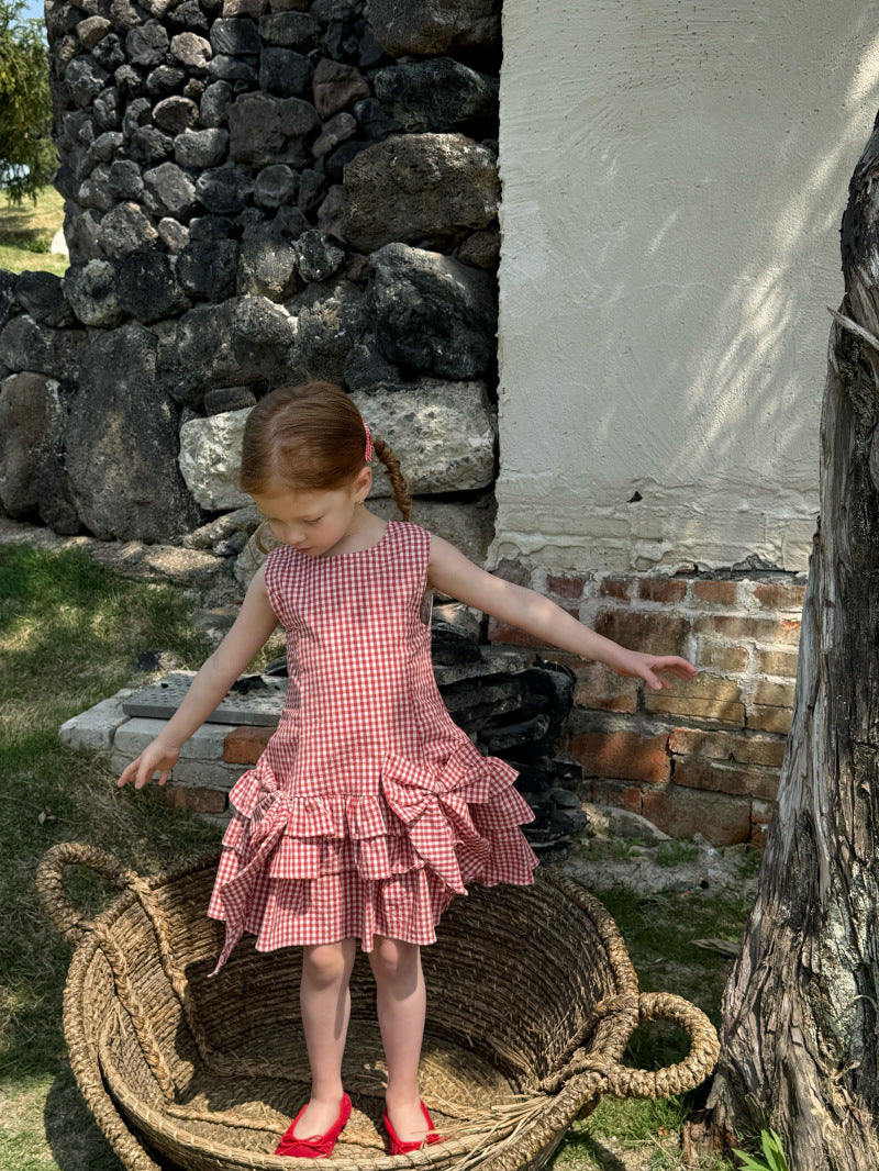 Tiered Ruffle Plaid Sundress ギンガムチェック ノースリーブワンピース【mh0012802】