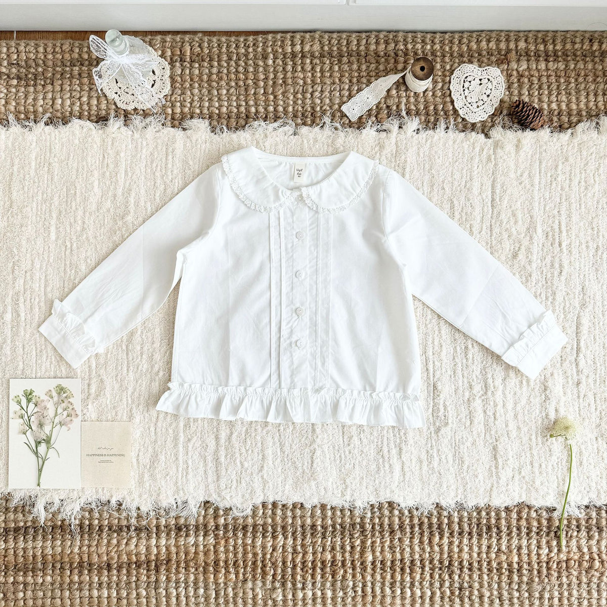 キッズ フラワー 透かし編み フリル 刺繍 ニット ベスト 長袖 ブラウス【mh0014609】