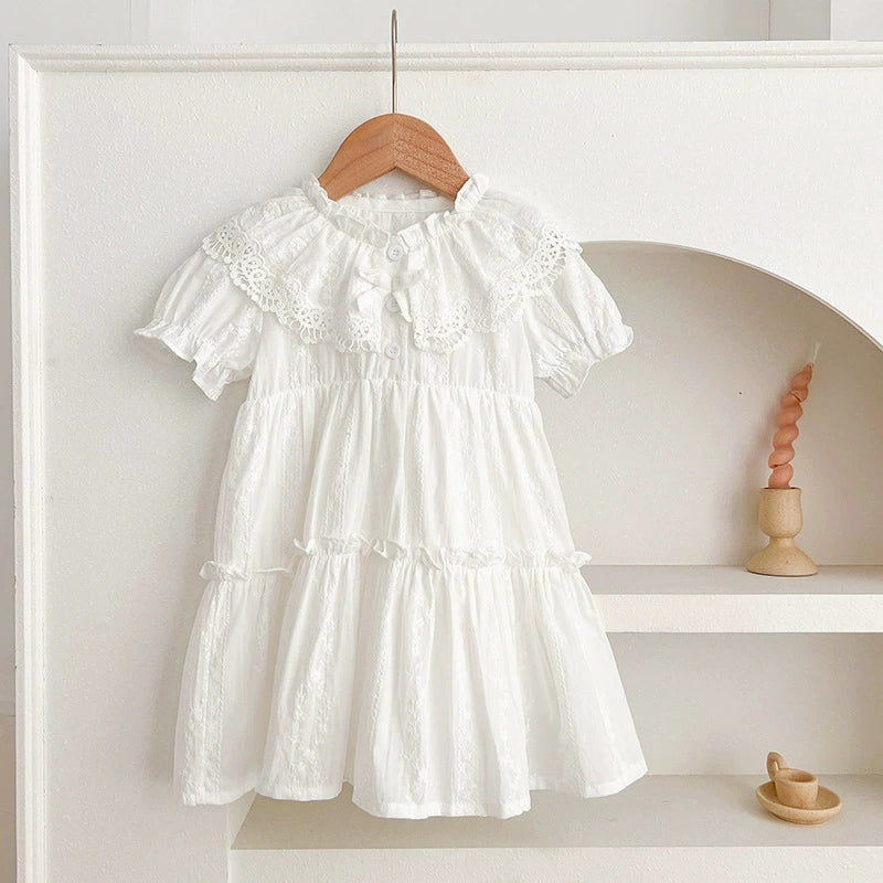 Pelele/vestido entero para bebé, manga corta, bordado de encaje, volantes, conjunto de hermana, conjunto a juego, blanco
