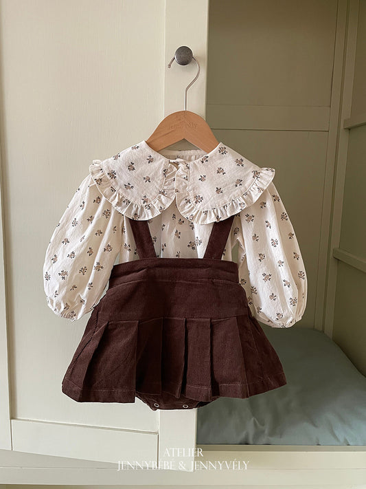 ベビー キッズ 小花柄 長袖ブラウス コーデュロイ サスペンダー プリーツスカートブルマ【mh0014678】