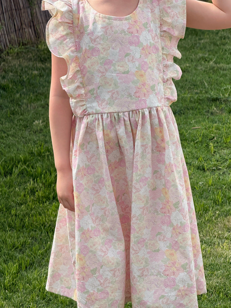 Flower Embellished Backless Frill Dress フローラル 肩フリル ノースリーブワンピース【mh0012813】