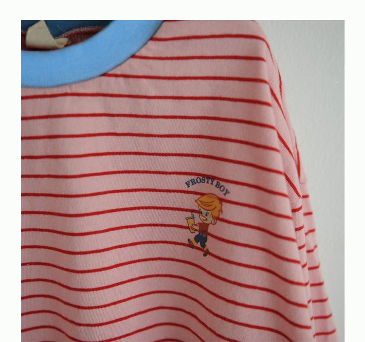 赤×白ボーダー長袖Tシャツ、胸のキャラクターイラストプリント
