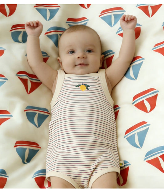 Henley Neckline Sleeveless Cotton ストライプ レモン ロンパース【mh0012778】