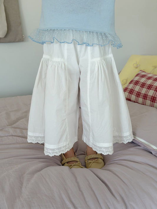 Lace Trim Ruffle Wide-Leg Pants ギャザー ロングパンツ【mh0013114】