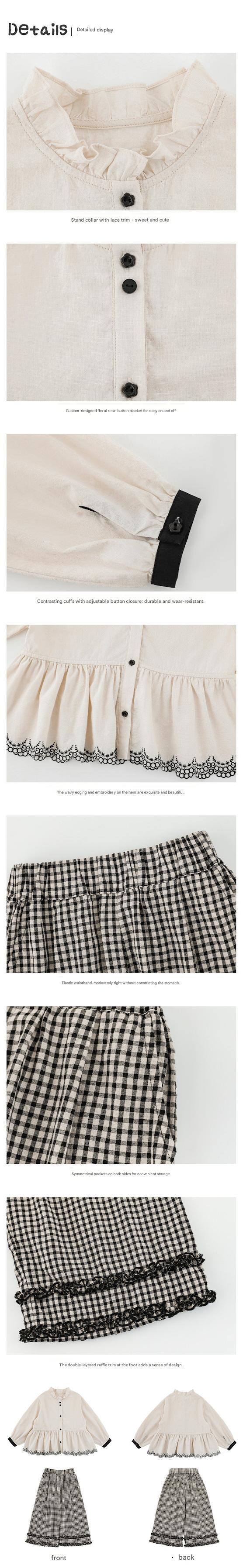 Blusa bordada Pantalones de cuadros Conjunto de blusa y pantalones con bordado en el dobladillo【mh0012727】