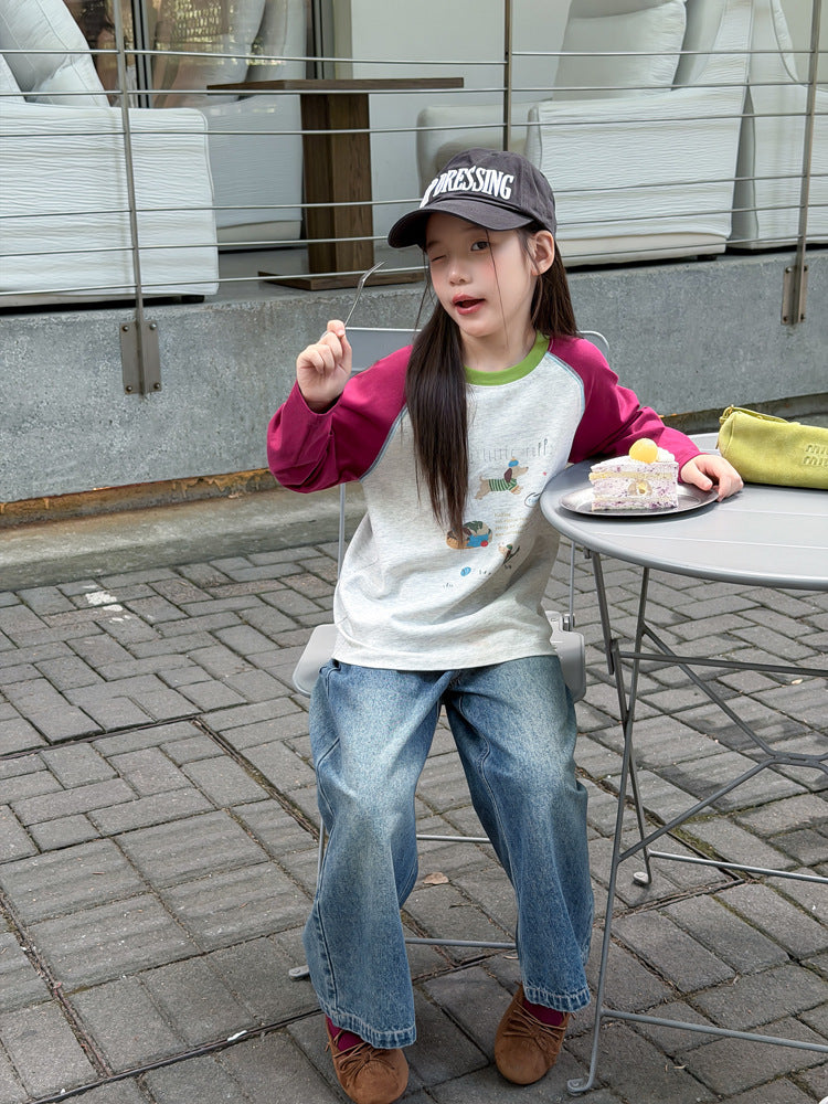 キッズ ジュニア 配色 バイカラー ラグラン プリント 長袖Tシャツ【mh0014416】