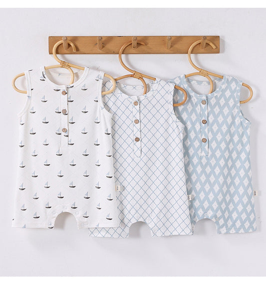 Henley Neckline Sleeveless Cotton ヨット ダイヤ ノースリーブロンパース【mh0012776】