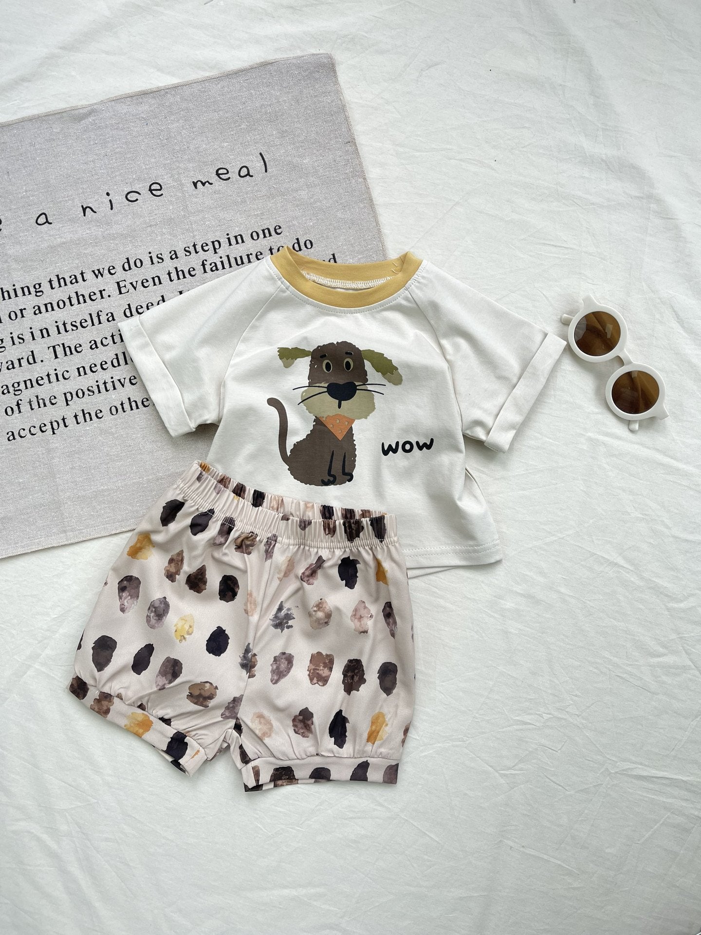 Cartoon Dog Printed Cotton Set ドッグプリント 半袖Tシャツ ショートパンツセット【mh0012918】