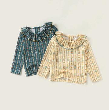ベビー キッズ ラッフルカラー フラワー フリル プリント 総柄 長袖Tシャツ【mh0014411】