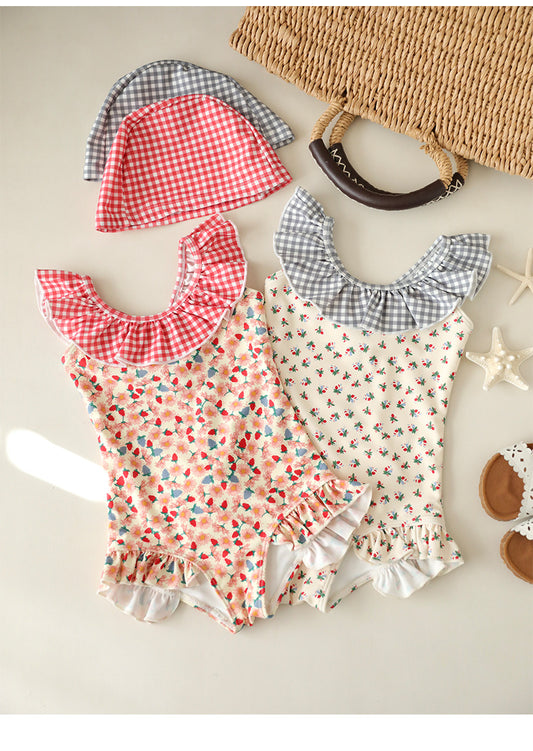 UPF50 Plus Floral Gingham Ruffled One-piece 花柄 ギンガムチェック 水着【mh0012599】