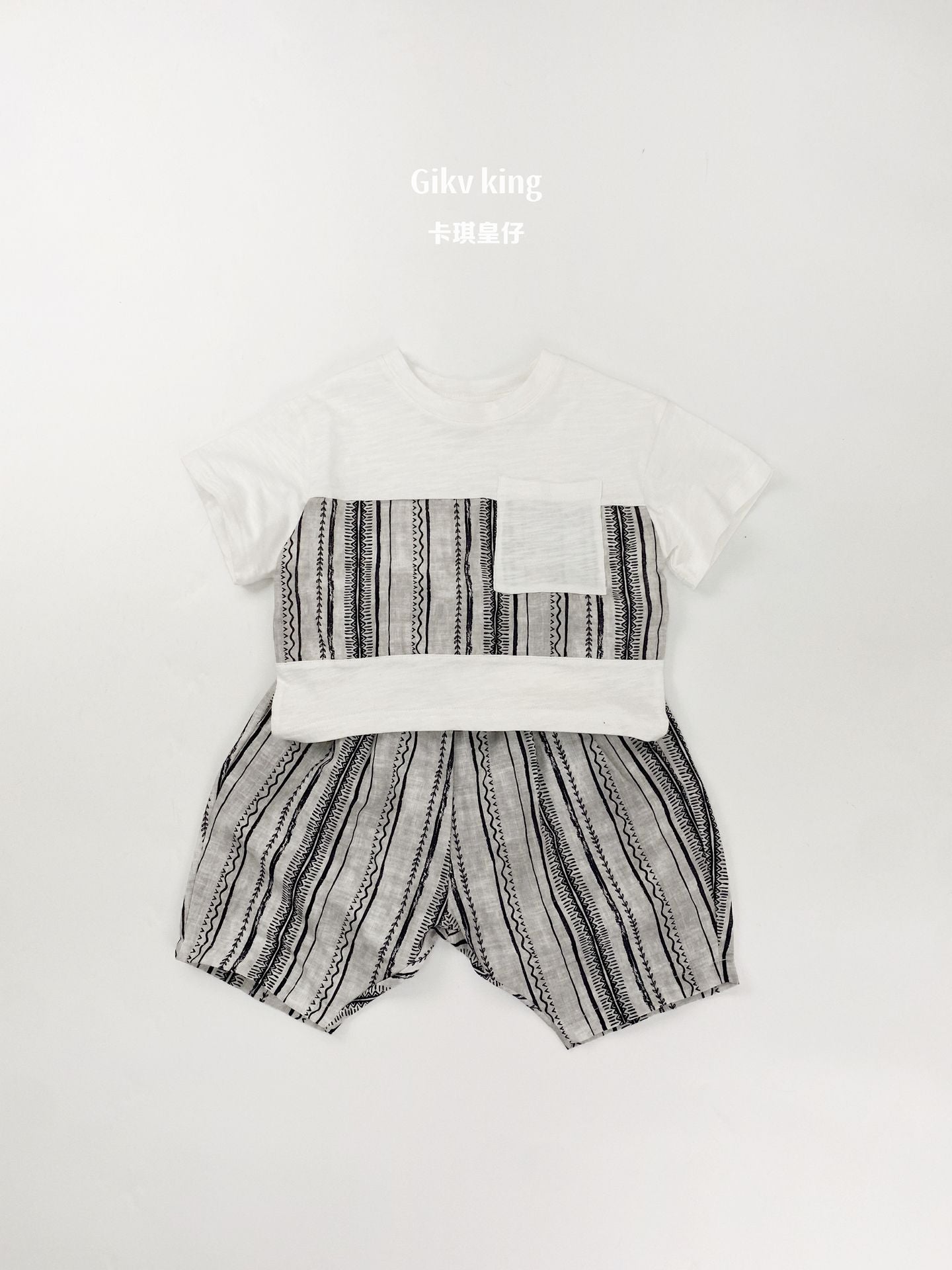 Short Sleeve Pocket Top Striped Shorts 幾何学模様 ストライプ 半袖セットアップ【mh0012829】