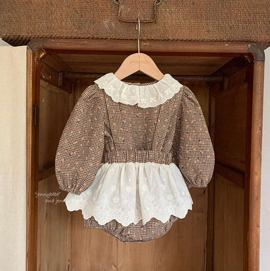 長袖セットアップ 長袖セットアップ チェック小花柄 ブラウス サスペンダー付きブルマ 2点セット【mh0011535】