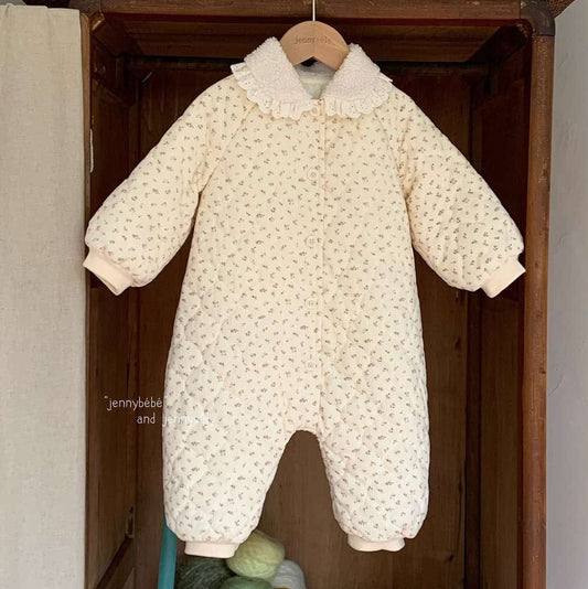 アウタージャンプスーツ Jumpsuit / 73cm 長袖ロンパース キルティング 小花柄 フリル襟 カバーオール 暖かい 防寒着【mh0011529】